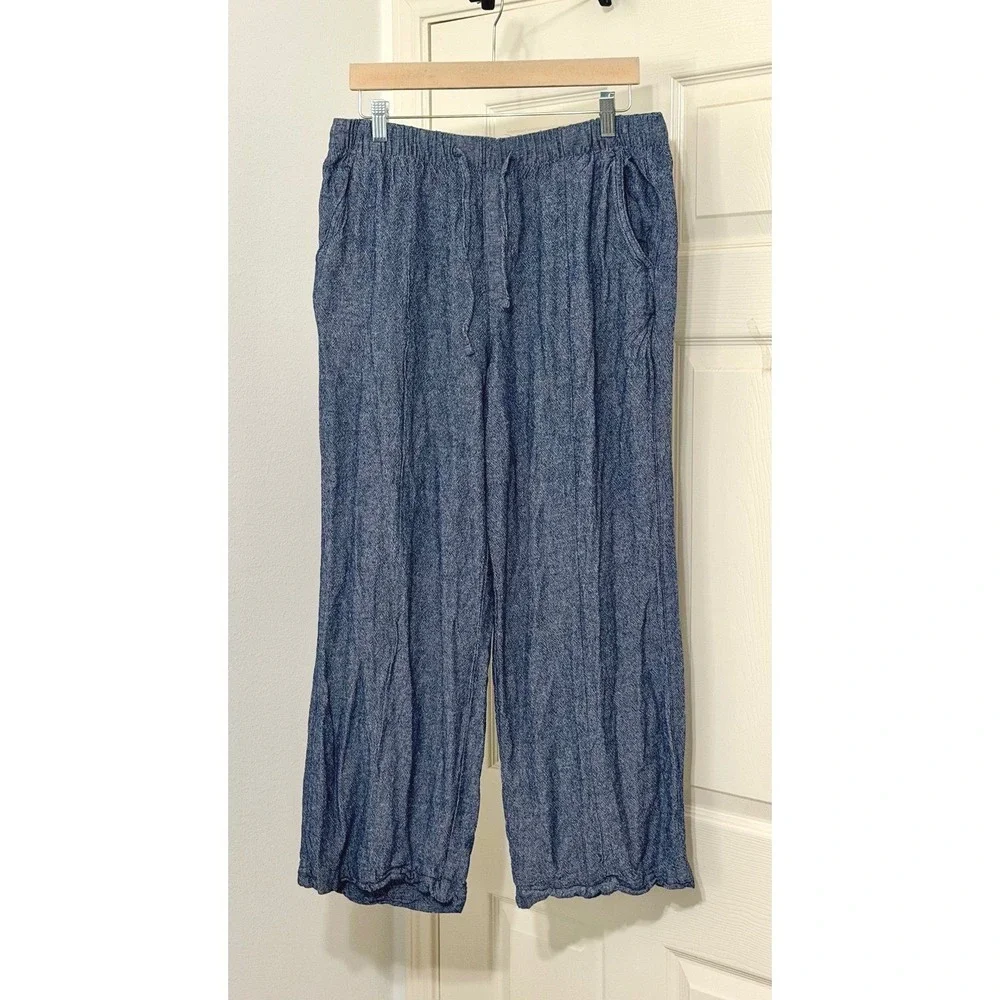 GAP Women sz M Blue Linen Rayon Blend Wide Leg Drawstring Pants Minimalist‎